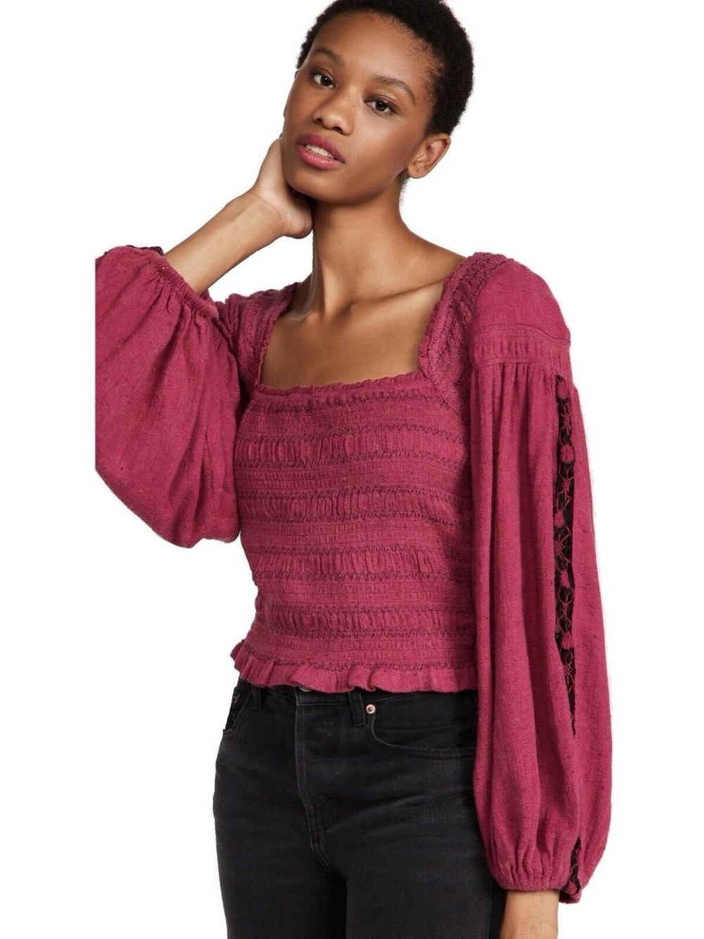 NWT Free People Rose Embroidered Maggie Peasant Sleeve Bohemian Top